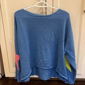 Free People Blue Knit Top with Pink and Yellow Accents